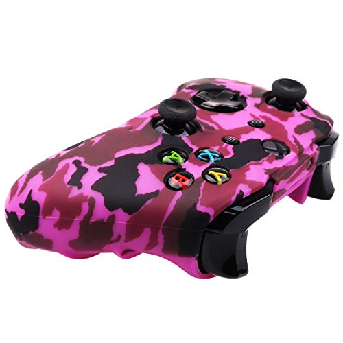 YoRHa Water Transfer Printing Camouflage Silicone Cover Skin Case for Microsoft Xbox One X & Xbox One S Controller x 1(Dark Pink) with PRO Thumb Grips x 8 - Image 4