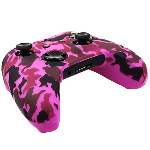 YoRHa Water Transfer Printing Camouflage Silicone Cover Skin Case for Microsoft Xbox One X & Xbox One S Controller x 1(Dark Pink) with PRO Thumb Grips x 8 - Image 3