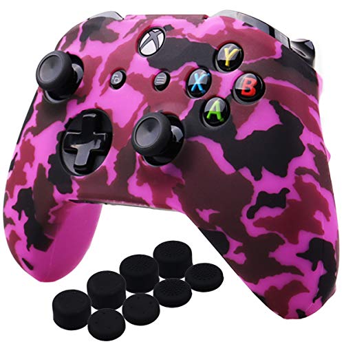YoRHa Water Transfer Printing Camouflage Silicone Cover Skin Case for Microsoft Xbox One X & Xbox One S Controller x 1(Dark Pink) with PRO Thumb Grips x 8 - Image 1
