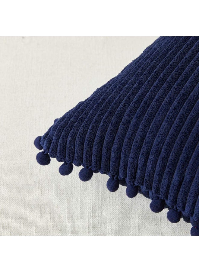 Home Care Pack of 2 Corduroy Navy Blue Decorative Throw Pillow Covers with Pom-poms, Solid Square Cushion Case Pillow Cases Set for Couch Sofa Bedroom Car Living Room (18x18 Inch/45x45 cm, Navy Blue)  - Image 4