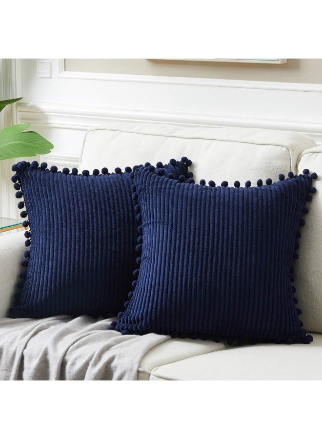 Home Care Pack of 2 Corduroy Navy Blue Decorative Throw Pillow Covers with Pom-poms, Solid Square Cushion Case Pillow Cases Set for Couch Sofa Bedroom Car Living Room (18x18 Inch/45x45 cm, Navy Blue)  - Image 1