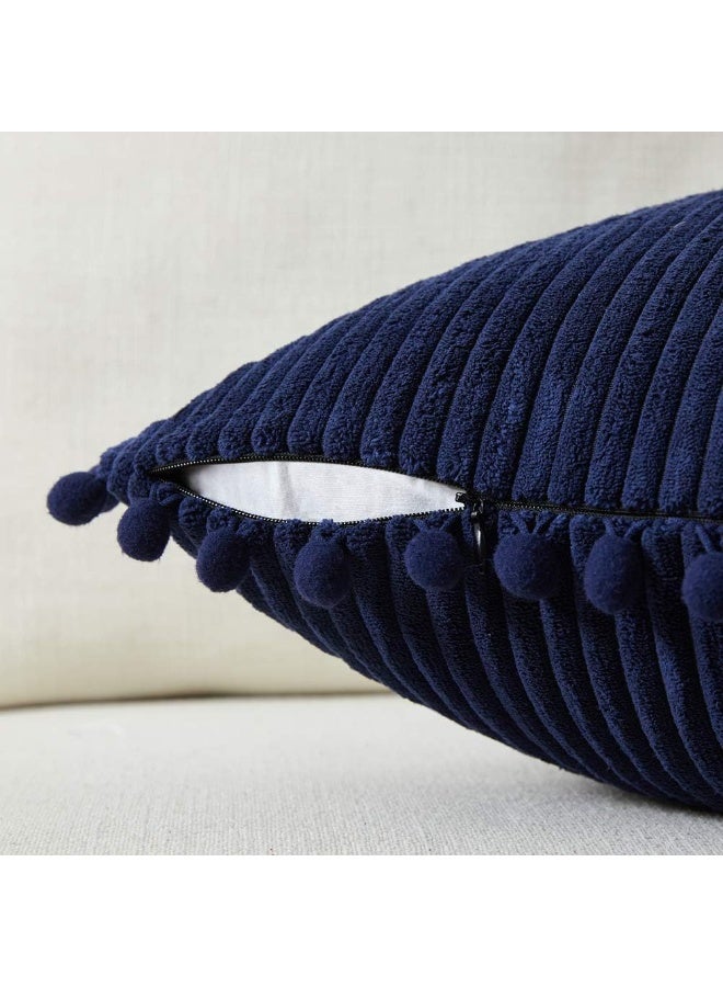Home Care Pack of 2 Corduroy Navy Blue Decorative Throw Pillow Covers with Pom-poms, Solid Square Cushion Case Pillow Cases Set for Couch Sofa Bedroom Car Living Room (18x18 Inch/45x45 cm, Navy Blue)  - Image 3