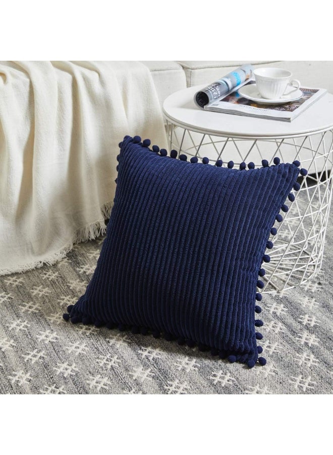 Home Care Pack of 2 Corduroy Navy Blue Decorative Throw Pillow Covers with Pom-poms, Solid Square Cushion Case Pillow Cases Set for Couch Sofa Bedroom Car Living Room (18x18 Inch/45x45 cm, Navy Blue)  - Image 2