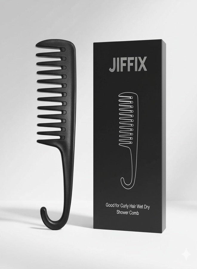 Jiffix Wide Tooth Comb for Curly & Wet Hair | Anti-Frizz Detangling Shower Comb with Hook | Hair Fall Control Comb for Men & Women | Tangle-Free Comb for Thick, Frizzy & Wavy Hair (Black) - Image 1