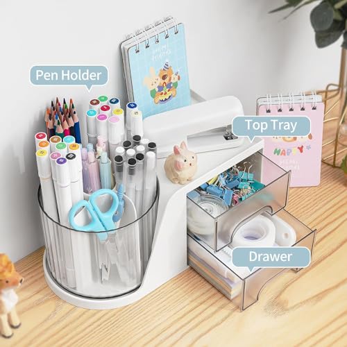 HOME CUBE Rotating Desk Organizer with Drawer, Bathroom Organizer, 360° Rotating Desktop Organizer For Office Supplies Stationery Pens Staplers Clips Sticky Notes Visiting Card - White - Image 3