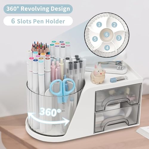 HOME CUBE Rotating Desk Organizer with Drawer, Bathroom Organizer, 360° Rotating Desktop Organizer For Office Supplies Stationery Pens Staplers Clips Sticky Notes Visiting Card - White - Image 2