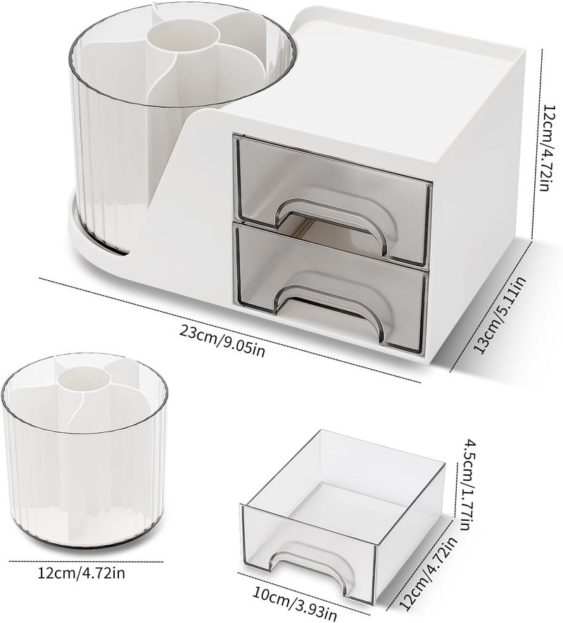 HOME CUBE Rotating Desk Organizer with Drawer, Bathroom Organizer, 360° Rotating Desktop Organizer For Office Supplies Stationery Pens Staplers Clips Sticky Notes Visiting Card - White - Image 5