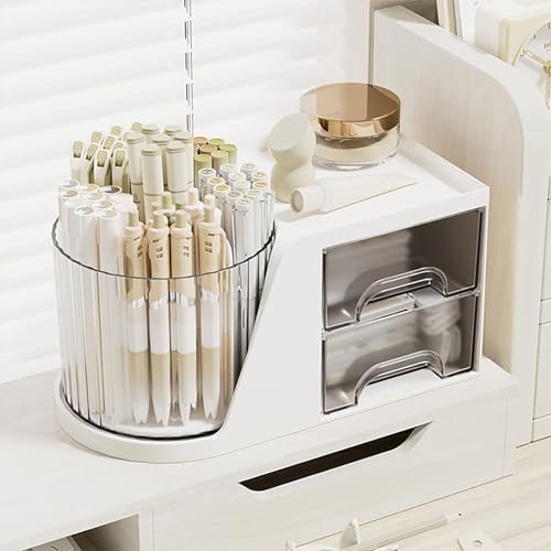 HOME CUBE Rotating Desk Organizer with Drawer, Bathroom Organizer, 360° Rotating Desktop Organizer For Office Supplies Stationery Pens Staplers Clips Sticky Notes Visiting Card - White - Image 1