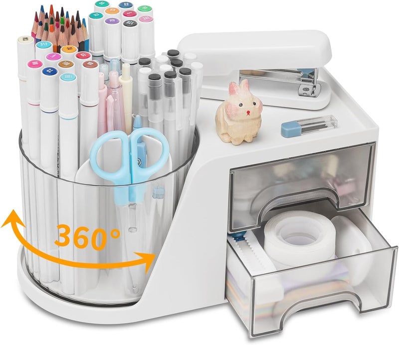 HOME CUBE Rotating Desk Organizer with Drawer, Bathroom Organizer, 360° Rotating Desktop Organizer For Office Supplies Stationery Pens Staplers Clips Sticky Notes Visiting Card - White - Image 4