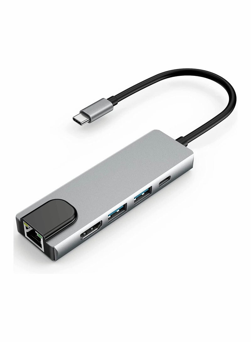 Excefore USB C Hub, 5-in-1 USB C Hub with Ethernet, USB C Multiport Adapter with 4K HDMI, RJ45 Ethernet Port, 2 USB Ports, 87W PD Charging for MacBook Pro/Air, for Switch/PS4, for iPad Pro M1, Chromecast  - Image 1