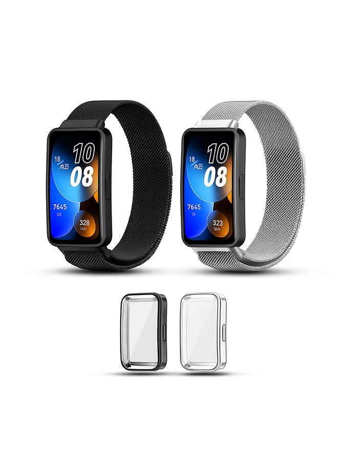 O Ozone (Pack of 2) Milanese Straps Compatible with Huawei Band 8 | Band 9 With TPU Watch Case, Magnetic Stainless Steel Mesh Replacement Strap Wristband Sport Band for Women Men- Black/Silver - Image 1