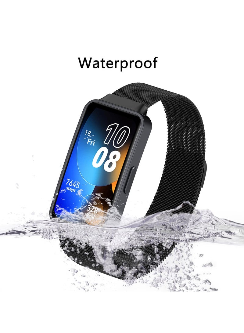 O Ozone (Pack of 2) Milanese Straps Compatible with Huawei Band 8 | Band 9 With TPU Watch Case, Magnetic Stainless Steel Mesh Replacement Strap Wristband Sport Band for Women Men- Black/Silver - Image 4