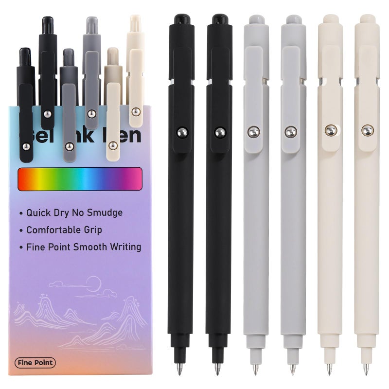 RIANCY Gel Pens 0.5mm Black Ink Ballpoint Aesthetic Beige Black Gray White Fine Point Smooth Writing Pretty Cute Fancy Desk Accessories Gifts for Women Men Nurse Journaling Office School Supplies 6Pcs - Image 1