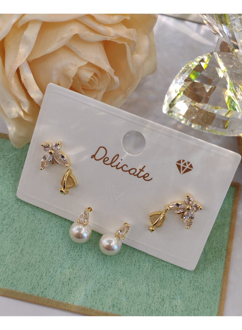 Three pair pearl earrings set topaz white zircon earrings 3-piece set - Image 1