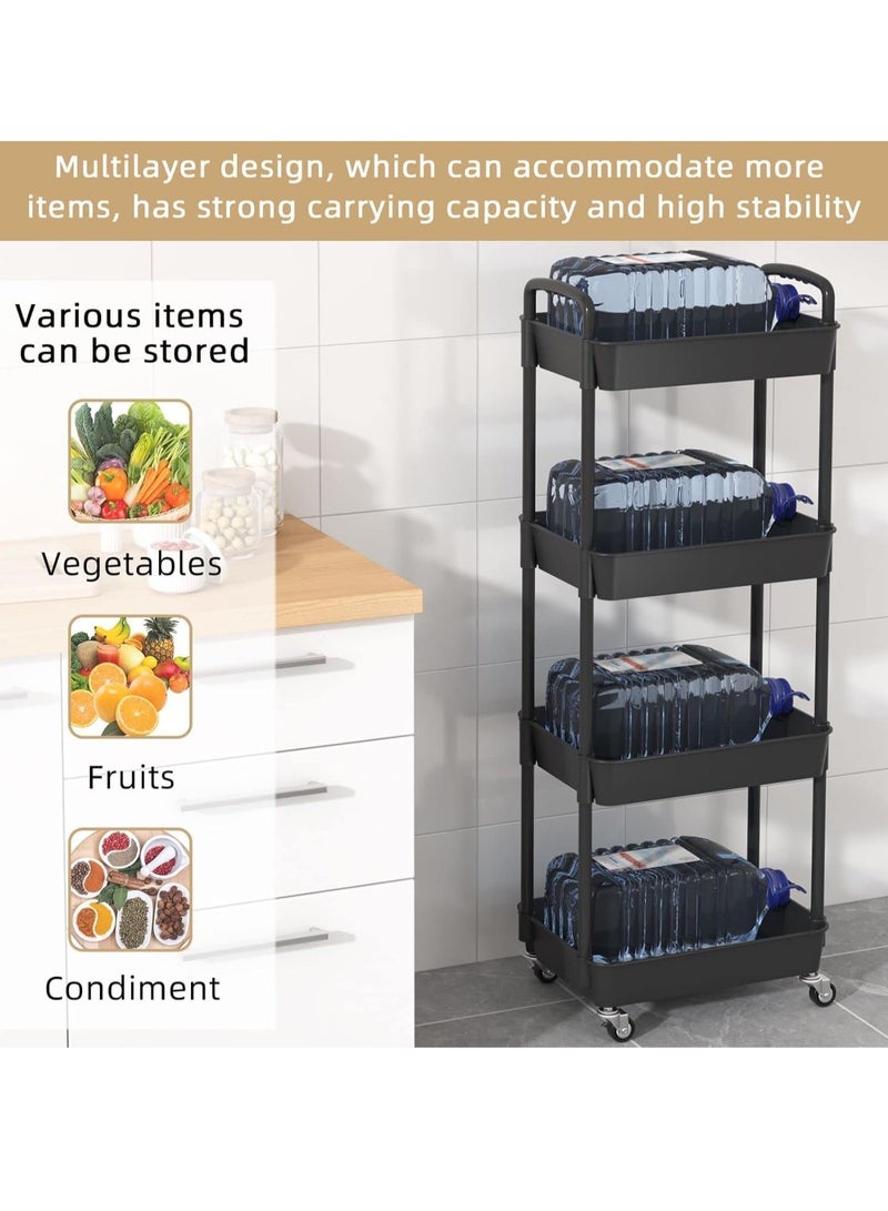 VUCATIN 4-Tier Rolling Utility Cart with Wheels Detachable Utility Storage Cart Rack with Handle and Lockable Casters Multi-Functional Storage Trolley for Office Kitchen Bathroom (Black 4-Tier) - Image 4