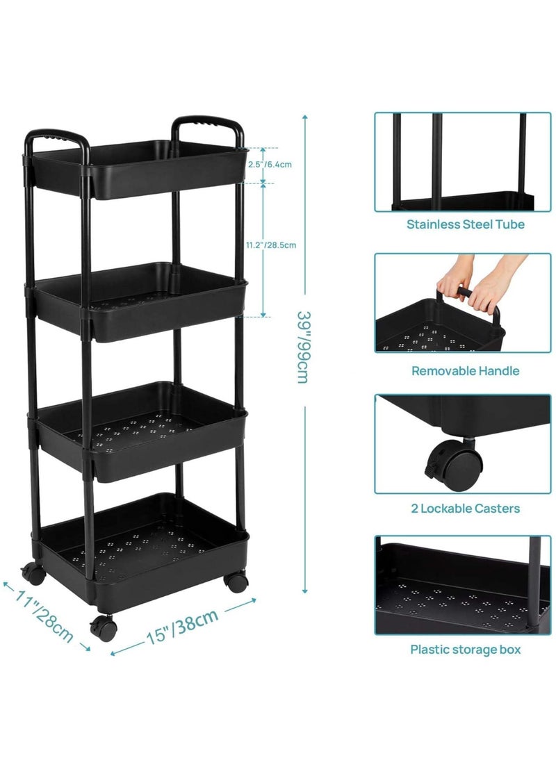 VUCATIN 4-Tier Rolling Utility Cart with Wheels Detachable Utility Storage Cart Rack with Handle and Lockable Casters Multi-Functional Storage Trolley for Office Kitchen Bathroom (Black 4-Tier) - Image 3