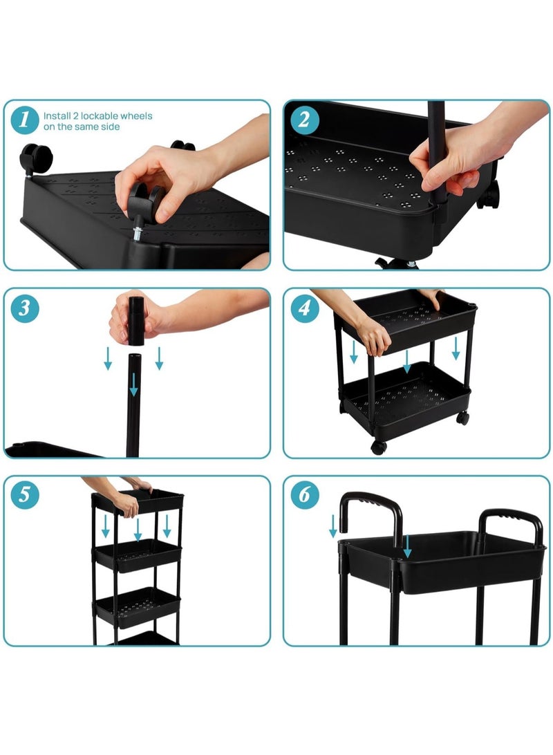 VUCATIN 4-Tier Rolling Utility Cart with Wheels Detachable Utility Storage Cart Rack with Handle and Lockable Casters Multi-Functional Storage Trolley for Office Kitchen Bathroom (Black 4-Tier) - Image 5