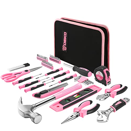 DEKO Pink Tool Set 110 Piece Household Tool Kit,Ladies Portable Tool Set with Easy Carrying Pouch, Perfect for DIY Projects, Home Maintenance - Image 1
