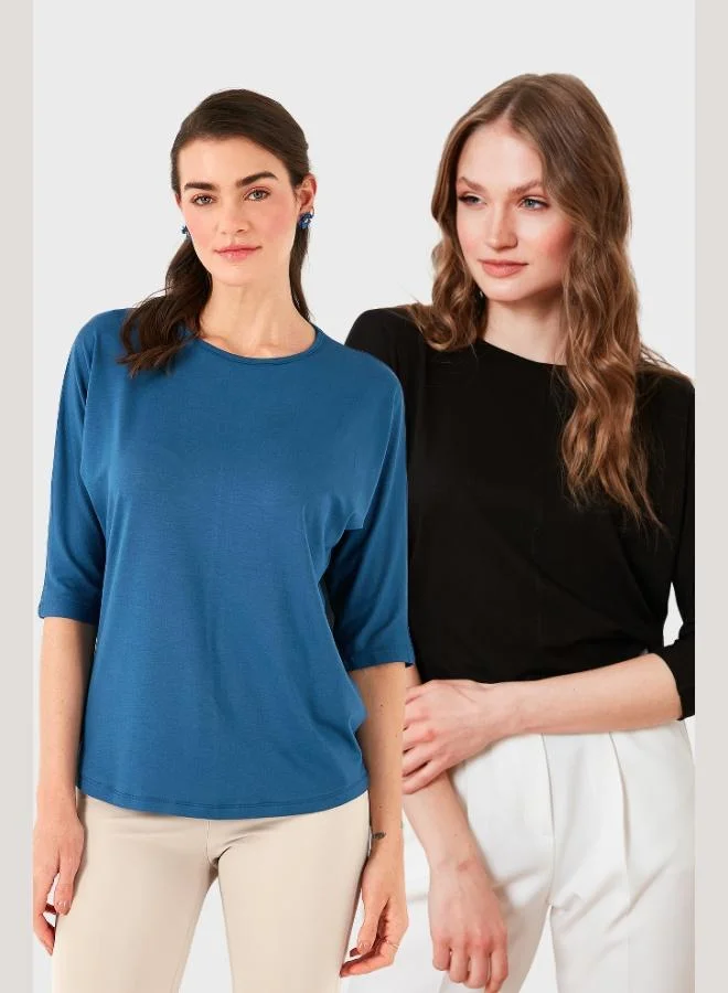 ليلا بلوزة نسائية ليلى بقصة قياسية وياقة دائرية وأكمام تروفاكار عبوتين