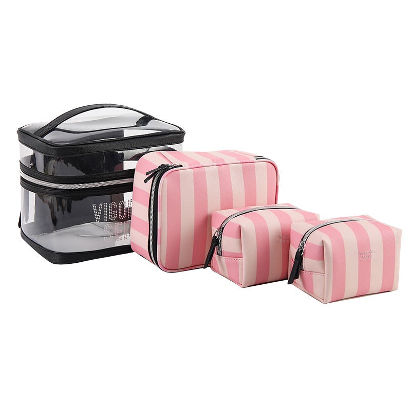 New PU Waterproof Striped Vanity Tote SetFour-Piece Set-Pink Stripe Four-Piece Set-Pink Stripe