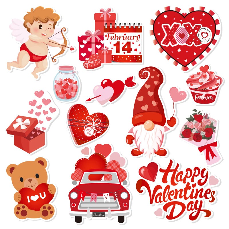 Whaline 13 Pieces Valentines Day Refrigerator Magnets Cute Heart Gnome Cupid Rose Magnetic Stickers Happy Valentines Day Dishwasher Stickers for Mailbox Car Kitchen Garage Metal Door Cabinets