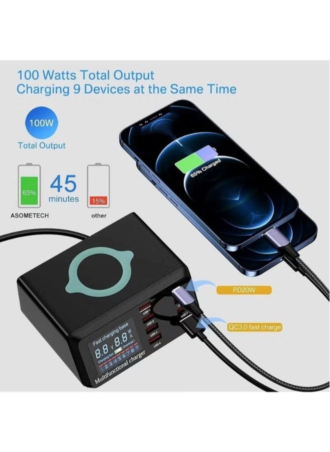 Generic - USB Charger Hub 100W 8-Port Desktop Multiple USB Charging Station with PD Port, Quick Charge 3.0 USB Port, Wireless Charger, LCD Display Fast USB C Charger for iPhone, Tablet and More - Image 1