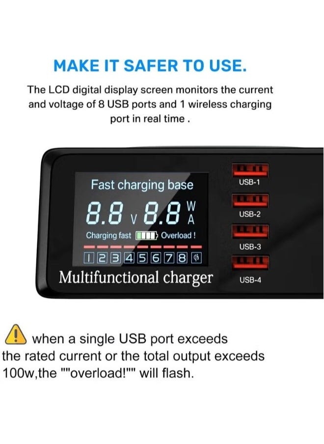 Generic - USB Charger Hub 100W 8-Port Desktop Multiple USB Charging Station with PD Port, Quick Charge 3.0 USB Port, Wireless Charger, LCD Display Fast USB C Charger for iPhone, Tablet and More - Image 1