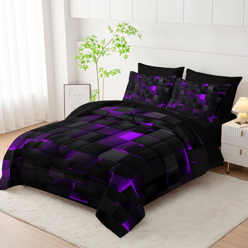 Nttopship Geometric Violet Black Queen Comforter Set,Light Honeycomb Bedding Set 7 Piece in A Bag,Bed Sheet Set Geometry Decor,Microfiber Lightweight All Season - Image 2