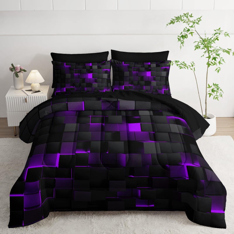 Nttopship Geometric Violet Black Queen Comforter Set,Light Honeycomb Bedding Set 7 Piece in A Bag,Bed Sheet Set Geometry Decor,Microfiber Lightweight All Season - Image 1