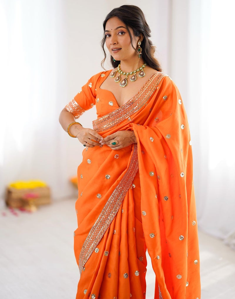 SIRIL Women's Silk Sequence Embroidery Lace Saree With Sequence Embroidery Unstitched Blouse Piece(4865S212_Orange) - Image 5