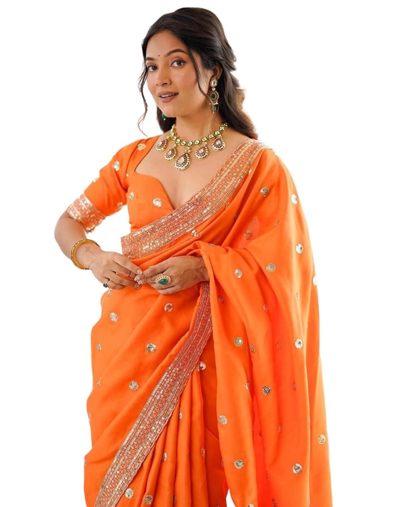 SIRIL Women's Silk Sequence Embroidery Lace Saree With Sequence Embroidery Unstitched Blouse Piece(4865S212_Orange) - Image 2
