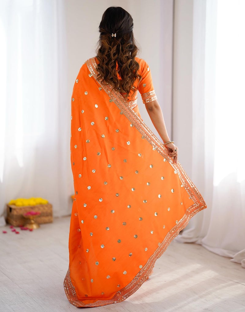 SIRIL Women's Silk Sequence Embroidery Lace Saree With Sequence Embroidery Unstitched Blouse Piece(4865S212_Orange) - Image 3
