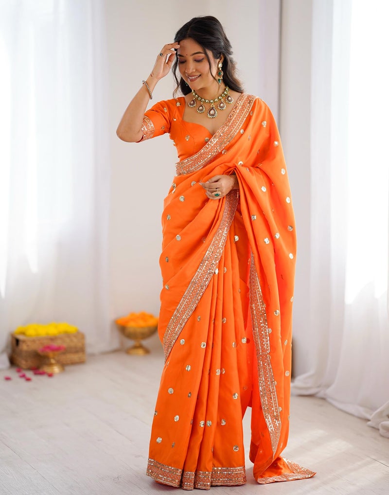SIRIL Women's Silk Sequence Embroidery Lace Saree With Sequence Embroidery Unstitched Blouse Piece(4865S212_Orange) - Image 4