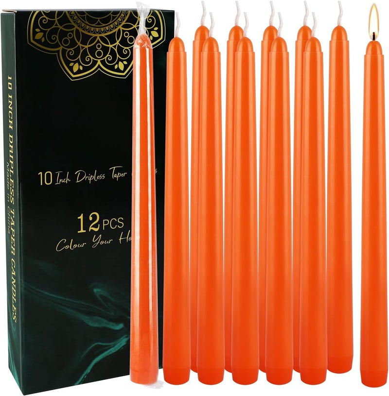Grcdoyvl 12-Pack Orange Taper Candles - 10 Inch Unscented Dripless Candlesticks, Long Burning for Halloween, Thanksgiving, Fall Decor & Dinner Parties - Image 3