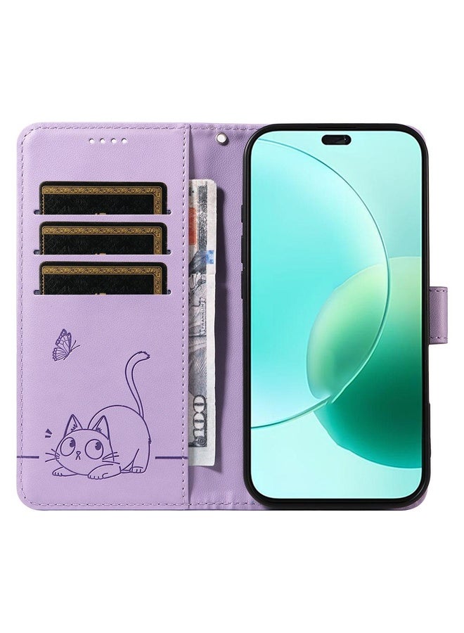 HuHa Case Cover For Honor 400 Lite Global Adorable Cat Embossed Pattern Flip Leather Phone Case(Purple) - Image 4