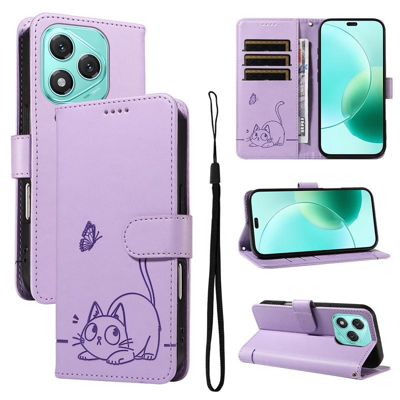 HuHa Case Cover For Honor 400 Lite Global Adorable Cat Embossed Pattern Flip Leather Phone Case(Purple) - Image 1