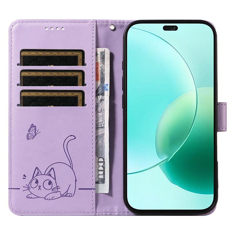 HuHa Case Cover For Honor 400 Lite Global Adorable Cat Embossed Pattern Flip Leather Phone Case(Purple) - Image 4