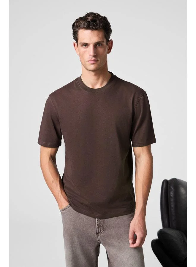 Grimelange Solo Men's %100 Organic Cotton Thick Texture Comfort Fit Bicycle Collar Brown T-Shirt.
