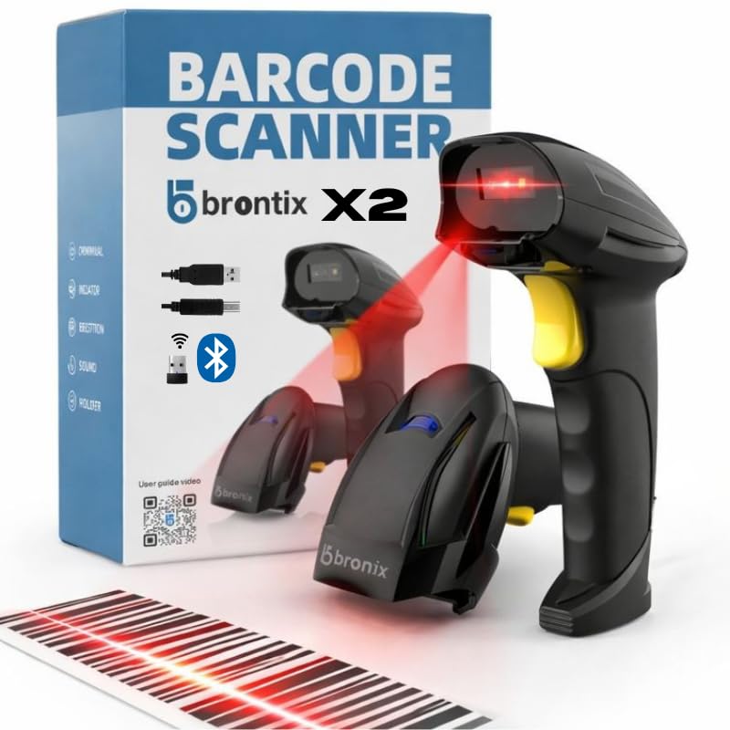Brontix X2-Cordless 2D & 1D Super Fast Barcode Scanner Wireless & Wired 2.4GHz | QR Code Scanner Rechargeable | USB Handheld Barcode Reader with Induction Scanning, Built-in Light, ABS Body | - Image 1