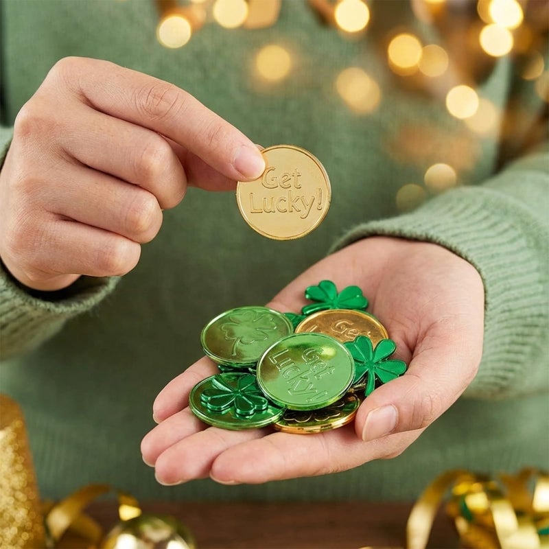 Whaline St Patricks Day Table Decorations, 100 Pcs Plastic Good Luck Coins and 1 Oz Shamrock Clover Confetti Table Sprinkles for Irish St Patricks Party Decoration Favors Supplies - Image 3