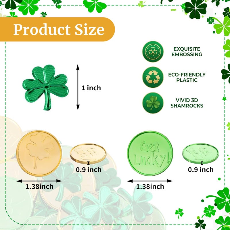 Whaline St Patricks Day Table Decorations, 100 Pcs Plastic Good Luck Coins and 1 Oz Shamrock Clover Confetti Table Sprinkles for Irish St Patricks Party Decoration Favors Supplies - Image 2