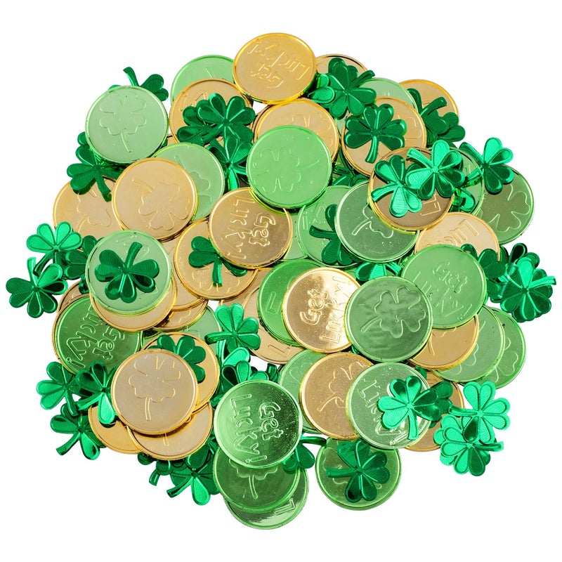 Whaline St Patricks Day Table Decorations, 100 Pcs Plastic Good Luck Coins and 1 Oz Shamrock Clover Confetti Table Sprinkles for Irish St Patricks Party Decoration Favors Supplies - Image 1
