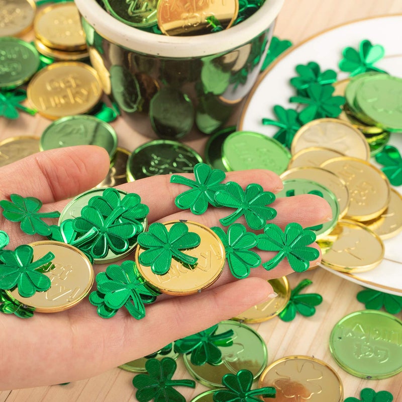 Whaline St Patricks Day Table Decorations, 100 Pcs Plastic Good Luck Coins and 1 Oz Shamrock Clover Confetti Table Sprinkles for Irish St Patricks Party Decoration Favors Supplies - Image 5