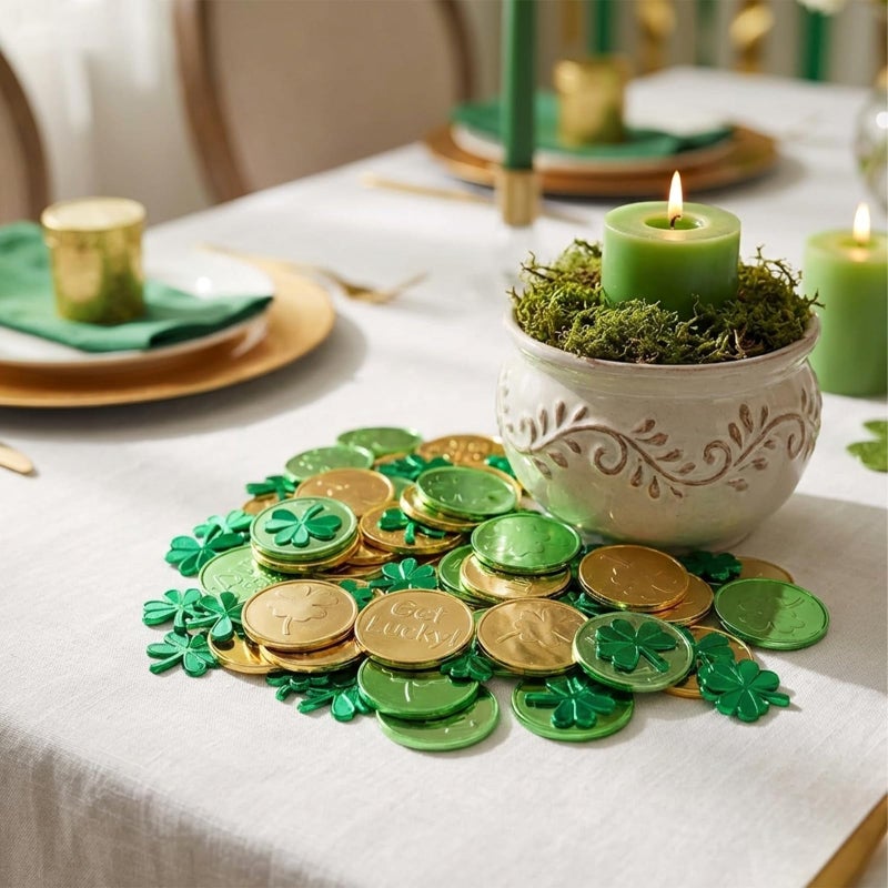 Whaline St Patricks Day Table Decorations, 100 Pcs Plastic Good Luck Coins and 1 Oz Shamrock Clover Confetti Table Sprinkles for Irish St Patricks Party Decoration Favors Supplies - Image 4