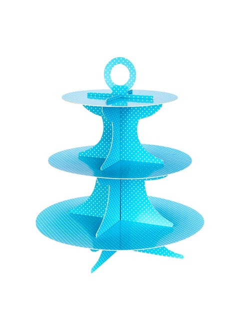 3 Tier Cardboard Cupcake Stand - Turquoise with White Polka Dots - Cupcake Holder - Pastry Display - 13 1/2" x 13 1/2" x 14" - 1ct Box - Pastry Tek