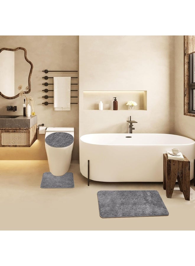 MIFXIN Bathroom Rug Set 3 Piece AntiSlip Shaggy Soft Floor Mats Rectangular Area Rug UShaped Toilet Mat Toilet Lid Cover Grey - Image 4
