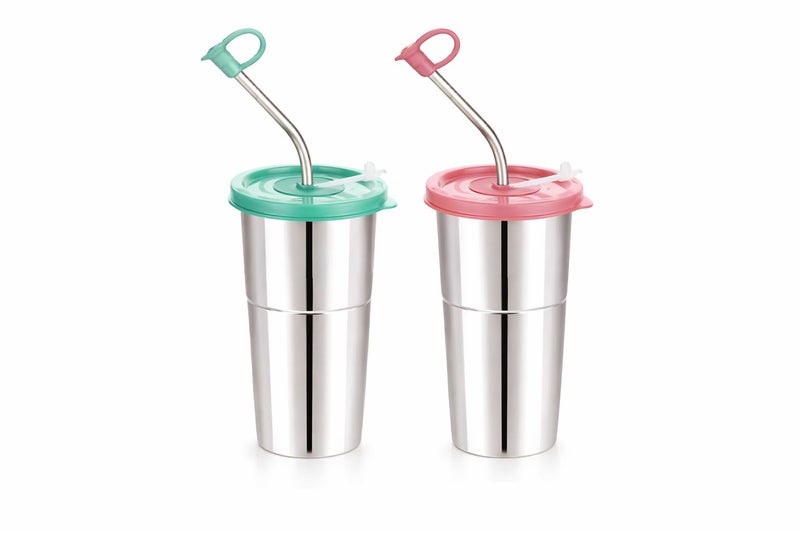 LIPSA ENTERPRISE Stainless Steel Fusion Glass Tumbler with Stainless Steel Metal Straws and Cleaning Brush with Lid (LD SIP 2) 400ML - Image 1
