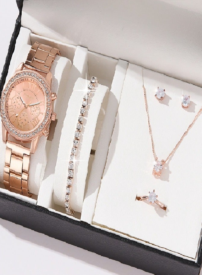 Shining Ladies Watches Gifts Set with Diamond Decorated Bracelet Necklace Ring Earrings Luxury Fashion Quartz Wrist Womens Watch 5Pcs Set