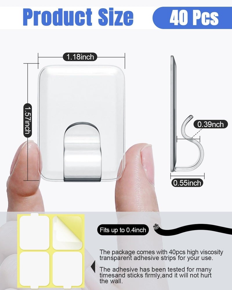 LZC Hooks for Outdoor String Lights Clips: 40 Pack Large Clear Rectangle Outdoor Light Clips Waterproof Adhesive Strips - Heavy Duty Outside Hanging Cable Rope Light Holders Organizer - Image 2