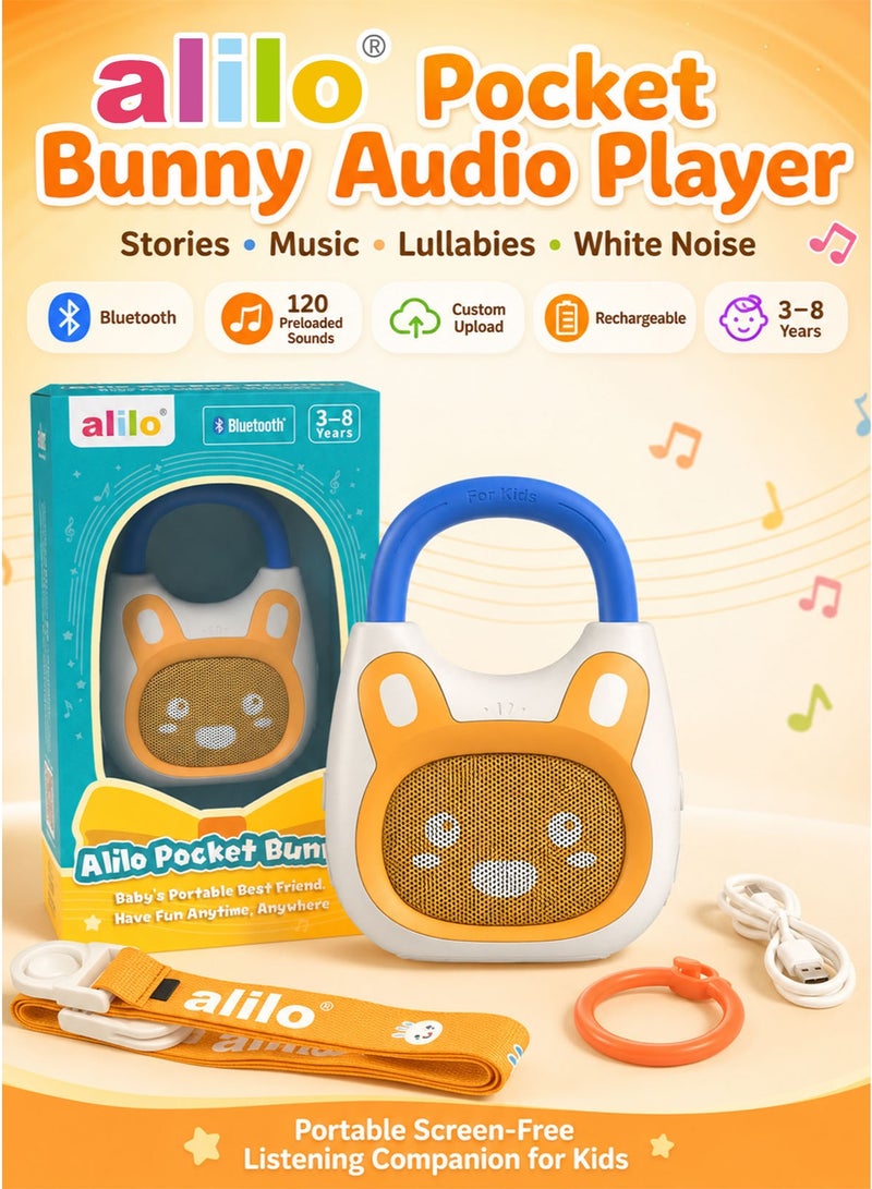 Alilo Pocket Bunny Portable Story Music Player for Kids 3-8 Years, Bluetooth Kids Audio Player with 120+ Built-In Stories, Nursery Rhymes, Lullabies and White Noise, Supports Custom Content Upload, Rechargeable Screen-Free Music Speaker, Lightweight Travel Companion with Lanyard Strap, Hanging Ring and USB Charging Cable for Bedtime, Stroller, Car Seat, Backpack and Daily Play - Image 1